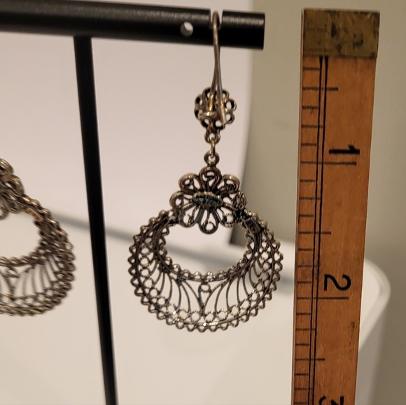 DGS Stamped Turkey Sterling Silver 925 Filigree Work Dangle Pierced Earrings - Picture 3 of 5